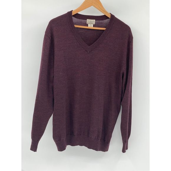 L.L. Bean Sweater V Neck Men XL Maroon Red‎ Merino Wool Long Sleeve Pullover - Picture 1 of 11